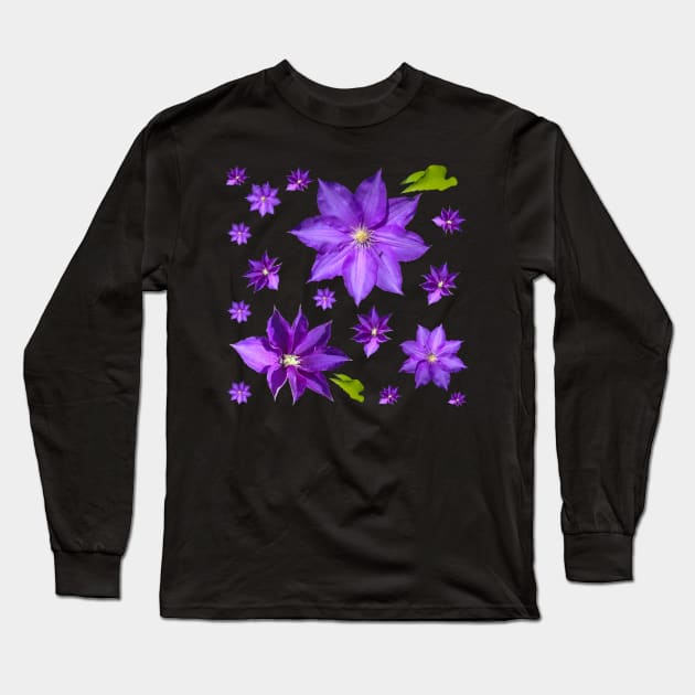 Purple Clematis Pattern Long Sleeve T-Shirt by Moonlit Midnight Arts